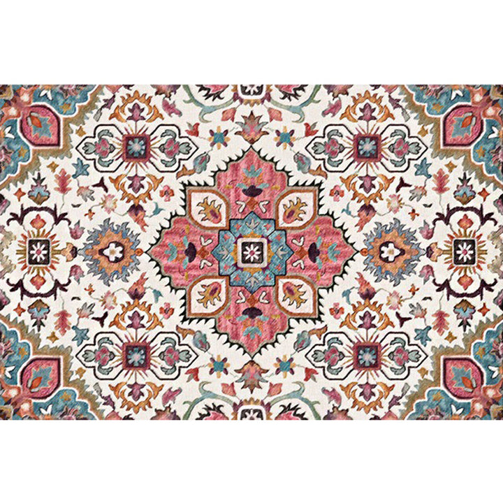 Pink Mediterranean Rug Polyester Floral and Medallion Pattern Rug Washable Non-Slip Back Mat Rug for the Living Room | Bowlift