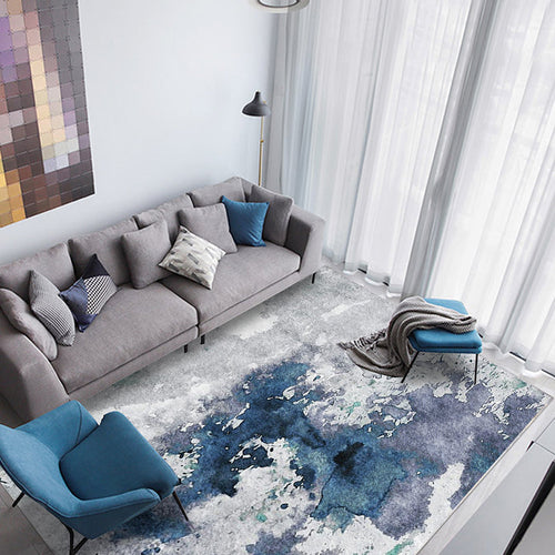 Blue and Gray Modern Rug Polyester Watercolor Pattern Rug Washable Non-slip Back Rug for the Living Room | Bowlift