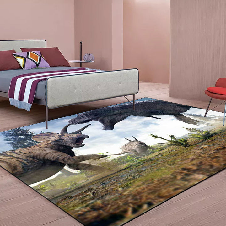 Stylish dinosaur pattern rug brown and blue modern rug polyester washable non-slip backing rug for the living room | Bowlift