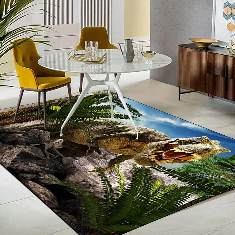 Funky Dinosaur Pattern Rug Blue and Green Modern Rug Polyester Washable Non-Slip Backing Rug for Living Room | Bowlift