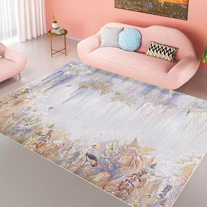 Funky Leaf Pattern Rug with Bird Brown and White Modern Rug Polyester Washable Non-Slip Back Rug for Living Room | Bowlift