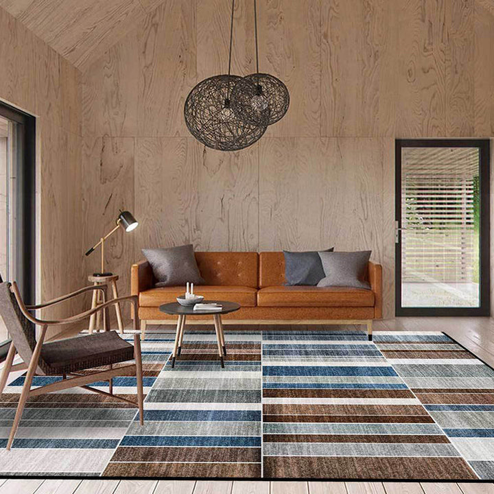Contemporary striped rug brown and blue polyester rug machine washable non-slip rug for the bedroom | Bowlift