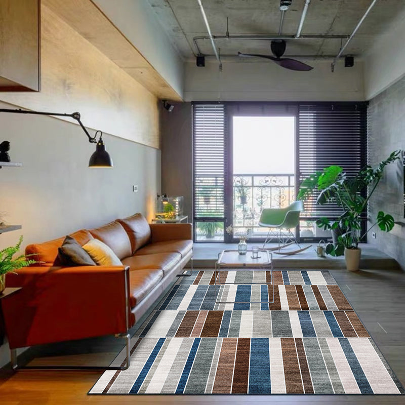 Contemporary striped rug brown and blue polyester rug machine washable non-slip rug for the bedroom | Bowlift