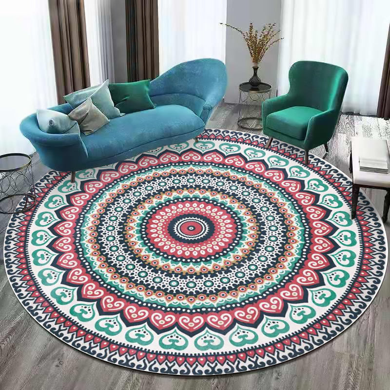 BowLift | Red and green southwestern carpet polyester concentric circles pattern carpet washable non-slip backing carpet for living room