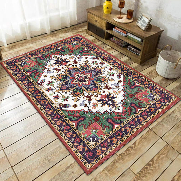 BowLift | Oriental Moroccan Carpet in Red and Green Medallion Flower Petal Pattern Carpet Polyester Non-slip Doormat for Home Decor