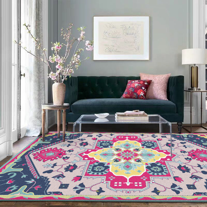 Colorful bedroom rug Moroccan medallion floral pattern rug polyester anti-slip stain-resistant rug | Bowlift