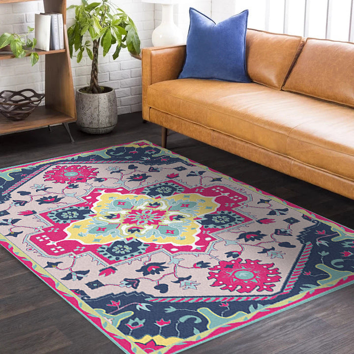 Colorful bedroom rug Moroccan medallion floral pattern rug polyester anti-slip stain-resistant rug | Bowlift