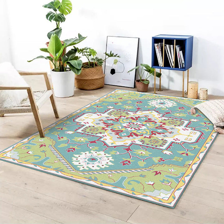 Colorful bedroom rug Moroccan medallion floral pattern rug polyester anti-slip stain-resistant rug | Bowlift