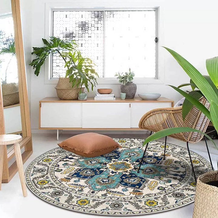 BowLift | Classic medallion pattern rug with floral blue and red tribal rug made of washable polyester non-slip backing rug for the living room