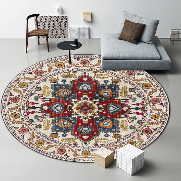BowLift | Classic medallion pattern rug with floral blue and red tribal rug made of washable polyester non-slip backing rug for the living room