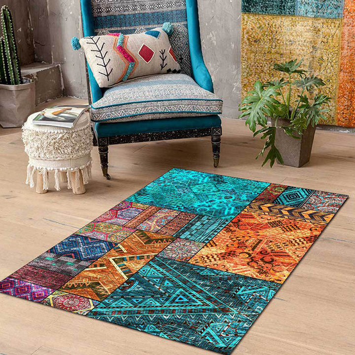 BowLift | Traditional Tribal Pattern Carpet Blue and Orange Southeast Carpet Polyester Machine Washable Non-Slip Back Carpet for Bedroom