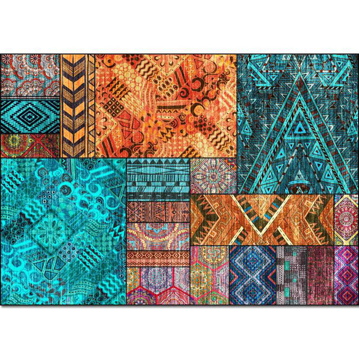 BowLift | Traditional Tribal Pattern Carpet Blue and Orange Southeast Carpet Polyester Machine Washable Non-Slip Back Carpet for Bedroom