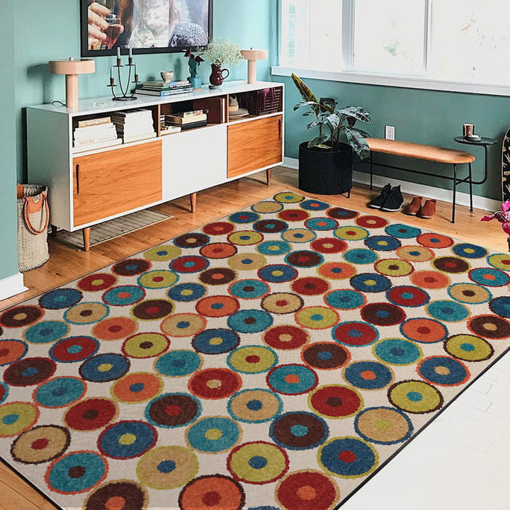 BowLift | Nordic Novelty Rug in Red and Yellow Geometry Circle Dots Wave Pattern Rug Polyester Pet Friendly Rug for Home Decor