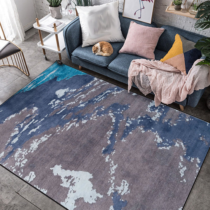 Modern living room rug in blue abstract print rug polyester dirt-repellent washable rug | Bowlift