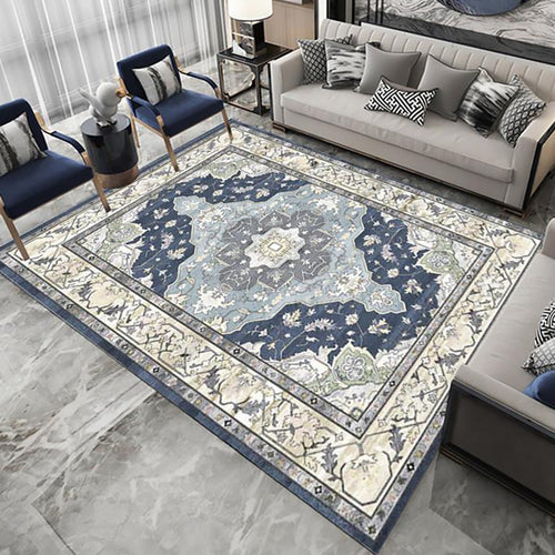 BowLift | Moroccan Living Room Rug in Blue Medallion Floral Pattern Rug Polyester Stain Resistant Non-Slip Area Rug