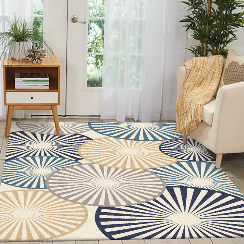 Stylish radial patterned rug Beige and Blue Modern rug Polyester Washable Non-slip backing Rug for the living room | Bowlift