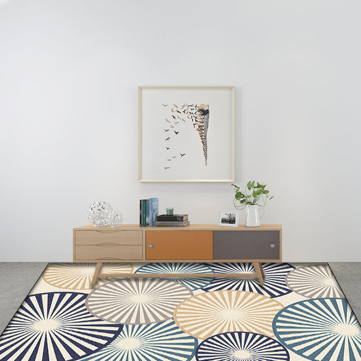 Stylish radial patterned rug Beige and Blue Modern rug Polyester Washable Non-slip backing Rug for the living room | Bowlift