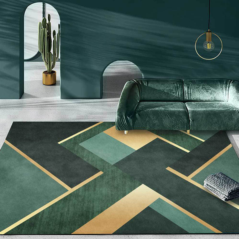 Nordic geometric patterned carpet green and golden polyester carpet machine washable non-slip carpet for the bedroom | Bowlift