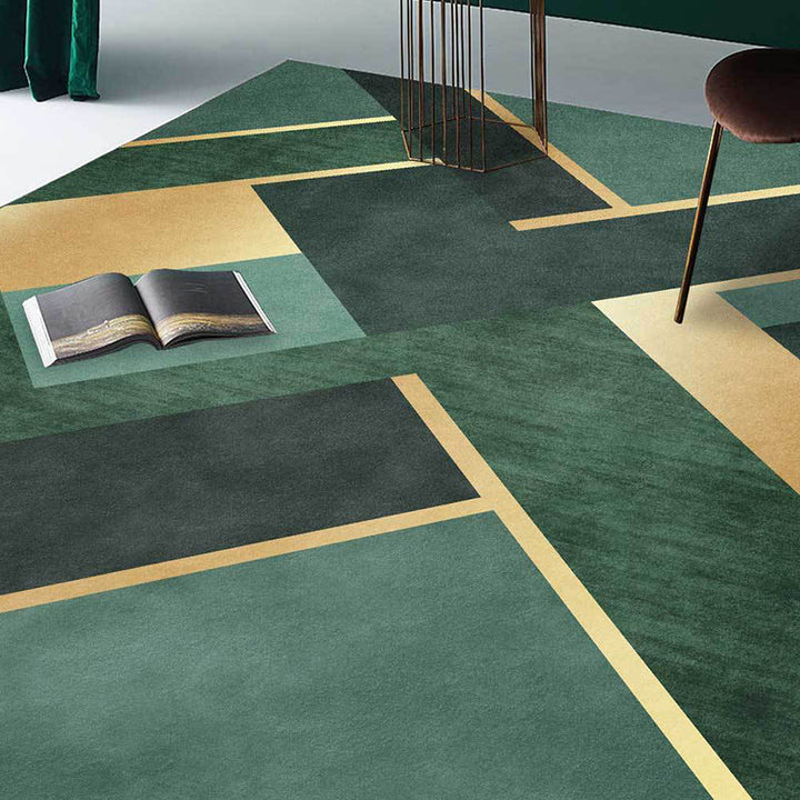 Nordic geometric patterned carpet green and golden polyester carpet machine washable non-slip carpet for the bedroom | Bowlift
