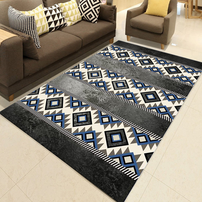 BowLift | Southwest Living Room Rug in Black and Blue Geometric Diamond Pattern Rug Polyester Non-Slip Rug
