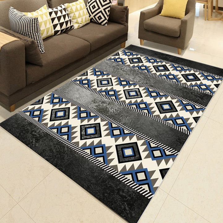 BowLift | Southwest Living Room Rug in Black and Blue Geometric Diamond Pattern Rug Polyester Non-Slip Rug