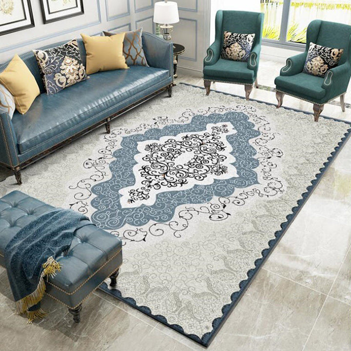 Mediterranean Moroccan rug in blue and gray medallion pattern polyester non-slip rug for home decor | Bowlift
