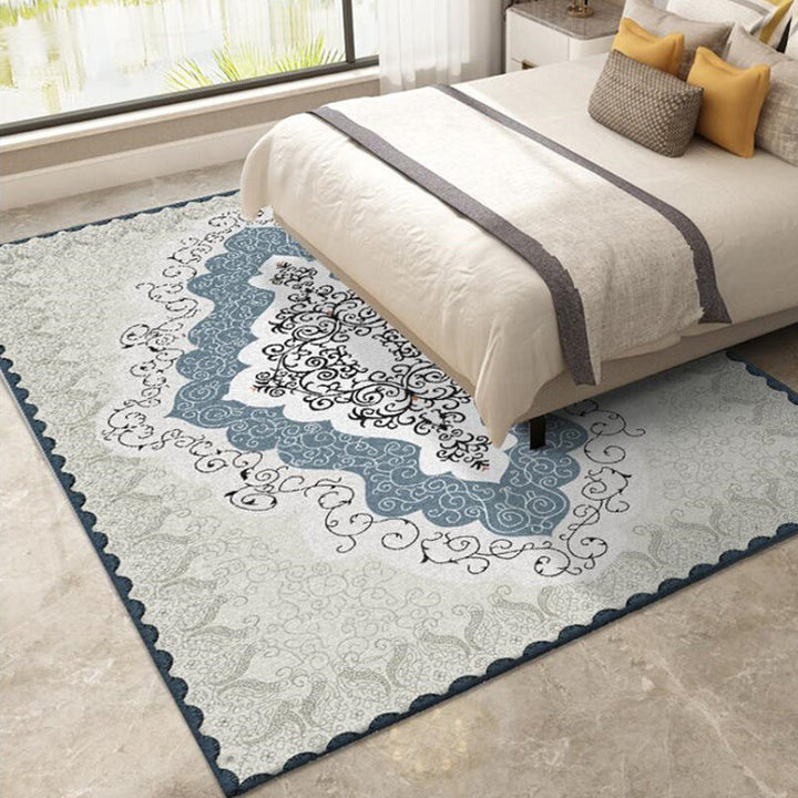 Mediterranean Moroccan rug in blue and gray medallion pattern polyester non-slip rug for home decor | Bowlift