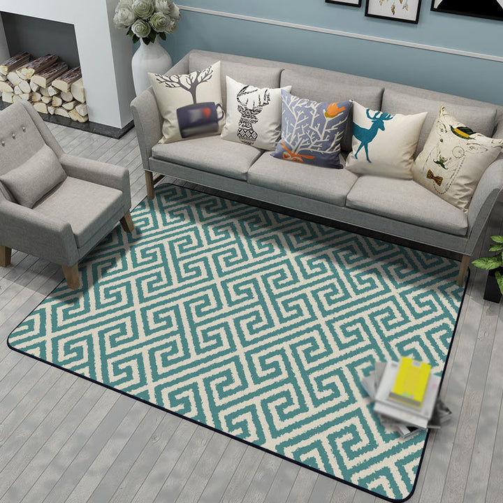 Modern living room carpet in green geometric Greek key print carpet polyester pet-friendly area rug | Bowlift
