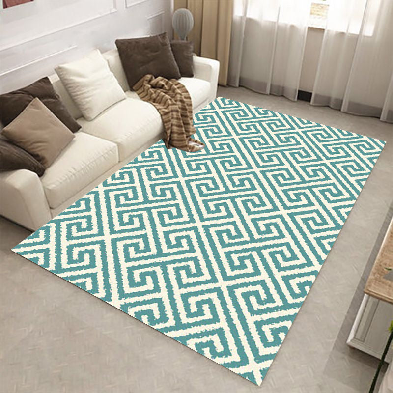 Modern living room carpet in green geometric Greek key print carpet polyester pet-friendly area rug | Bowlift