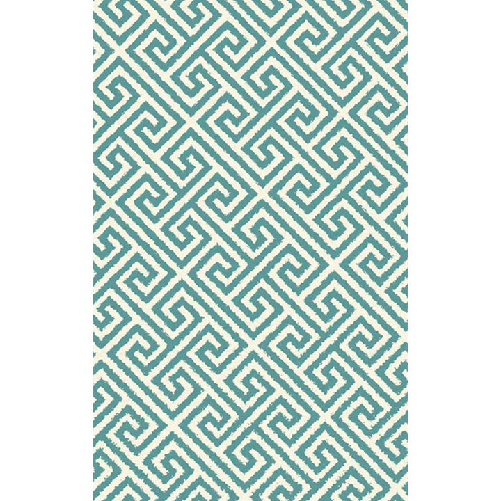 Modern living room carpet in green geometric Greek key print carpet polyester pet-friendly area rug | Bowlift