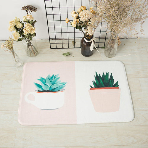 BowLift | Green and Pink Children's Room Carpet Children Botanical Leaf Potted Plants Pattern Area Rug Polyester Pet Friendly Carpet