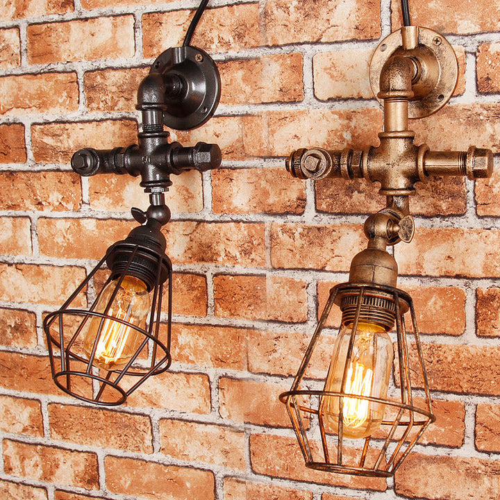 BowLift | Diamond Cage Iron Wall Mount Light with Pipe Design Industrial Style 1 Bulb Bedroom Wall Lighting in Antique Brass/Silver