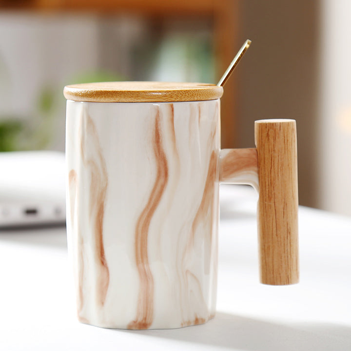 Ergonomic ceramic mug with solid wooden handle bamboo lid and metal spoon in gift box Bowlift