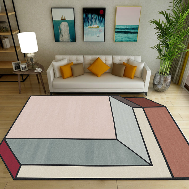 Novelty Living Room Irregular Carpet Pink Color Block Cube Print Carpet Polyester Stain Resistant Carpet | Bowlift
