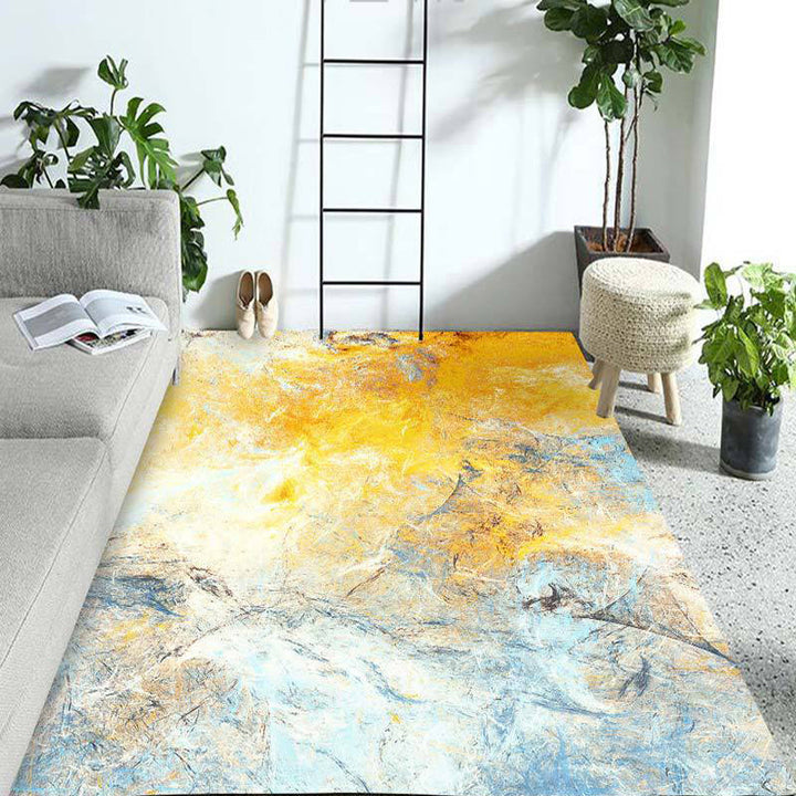 Contemporary Modern Rug in Yellow and Blue Abstract Painting Pattern Rug Polyester Washable Rug for Home Decor | Bowlift