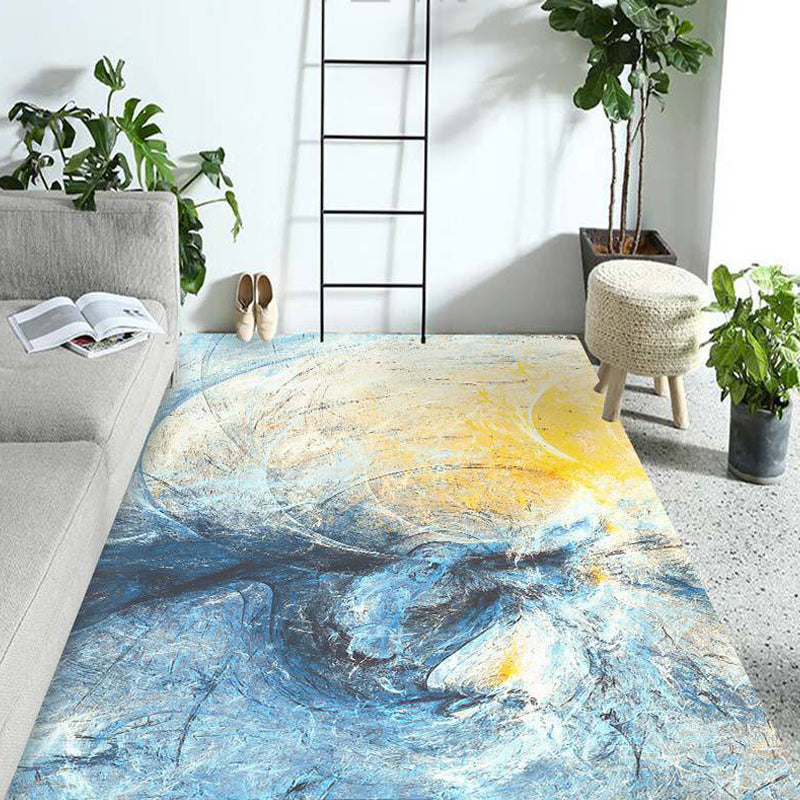 Contemporary Modern Rug in Yellow and Blue Abstract Painting Pattern Rug Polyester Washable Rug for Home Decor | Bowlift