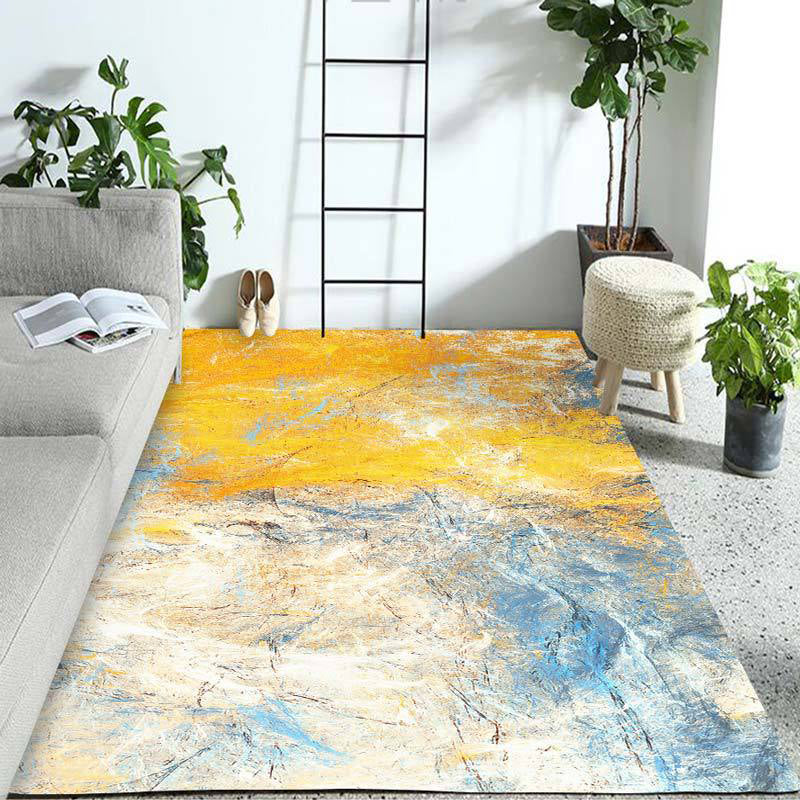 Contemporary Modern Rug in Yellow and Blue Abstract Painting Pattern Rug Polyester Washable Rug for Home Decor | Bowlift