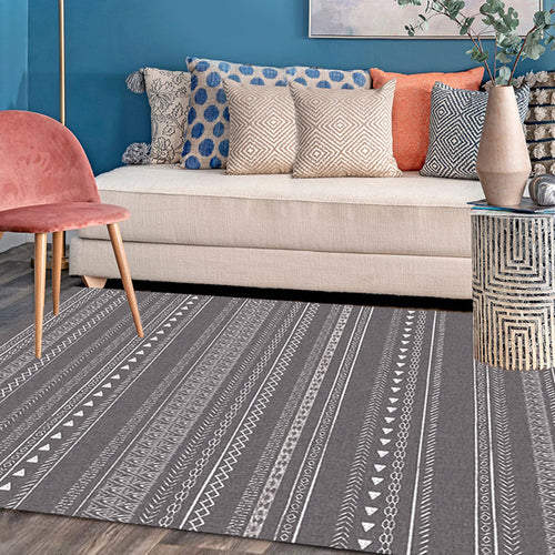 BowLift | Retro striped pattern rug gray polyester washable pet-friendly non-slip rug for living room
