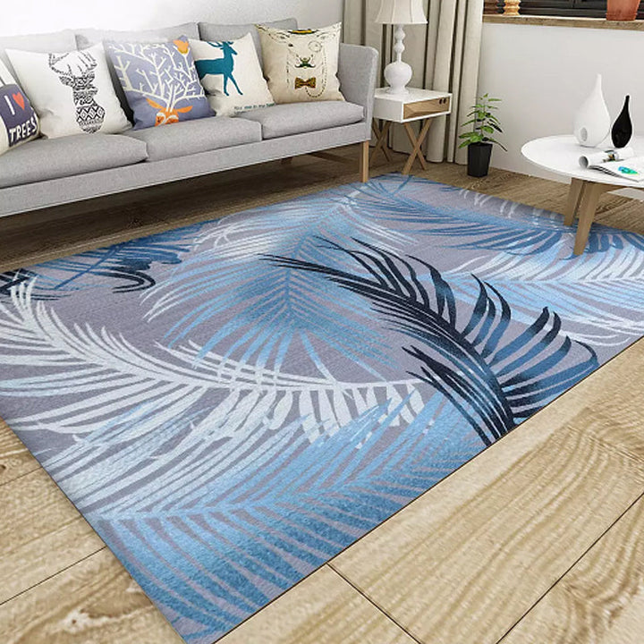 Stylish leaf pattern rug with feather green and blue Modern rug Polyester Non-slip underside Washable area rug for the living room | Bowlift