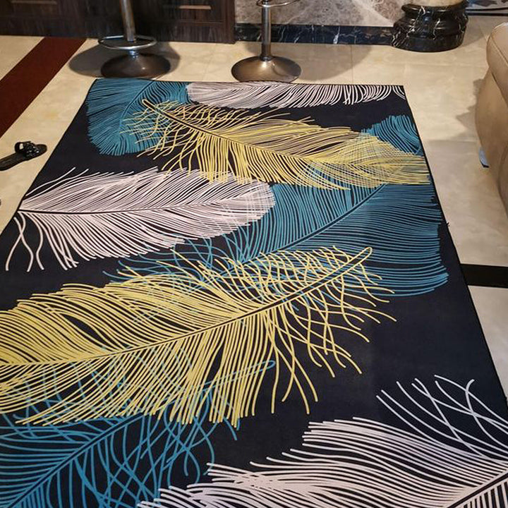 Stylish leaf pattern rug with feather green and blue Modern rug Polyester Non-slip underside Washable area rug for the living room | Bowlift