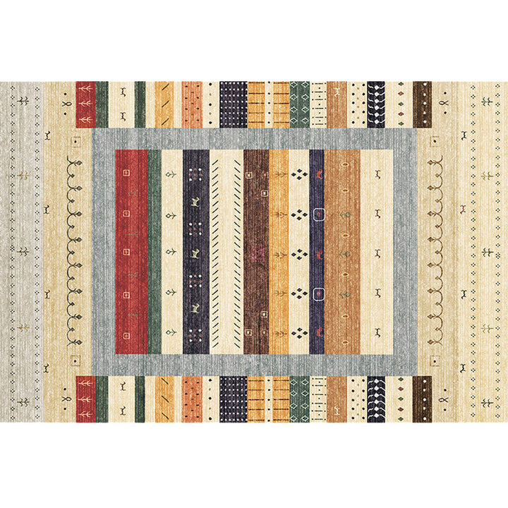 BowLift | Bohemian striped patterned rug with flowers Multicolored Polyester rug Machine washable non-slip back rug for living room
