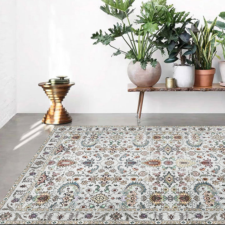 BowLift | Retro Tribal Flower Pattern Rug Pink and Gray Polyester Rug Washable Pet-Friendly Non-Slip Rug for Living Room