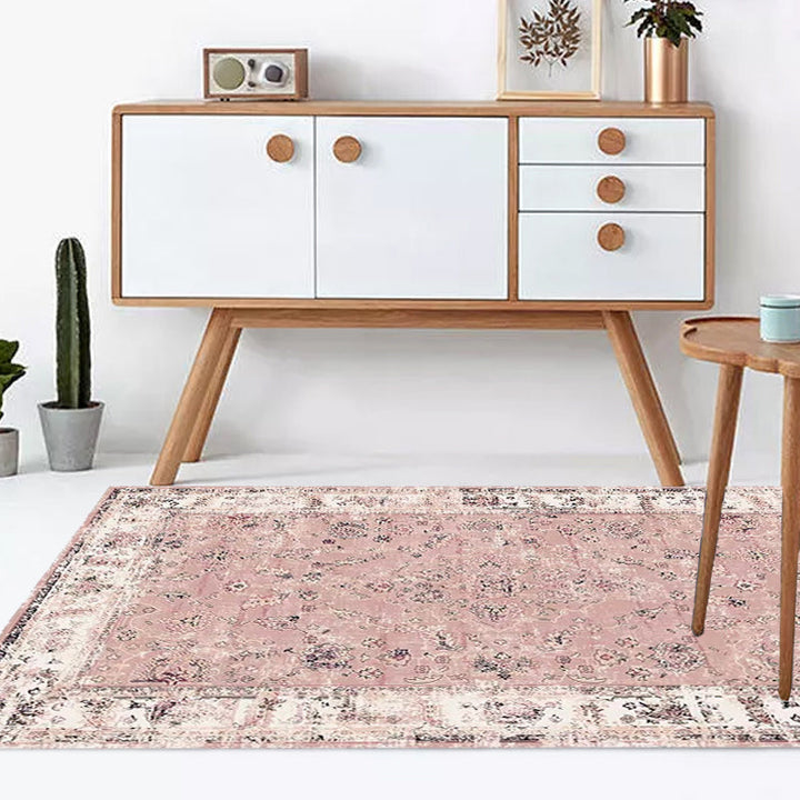 BowLift | Pink Shabby Chic Carpet Polyester Tribal Floral Pattern Carpet Pet-Friendly Washable Non-Slip Back Carpet for Decoration