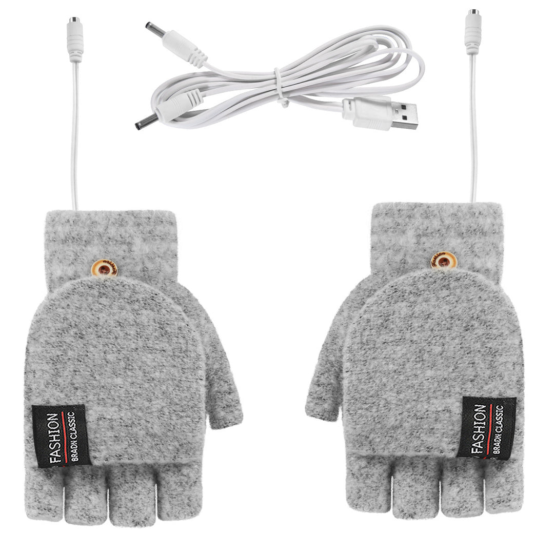 Winter half finger gloves monochrome flip winter wool warm half gray open finger gloves for men and women USB heating