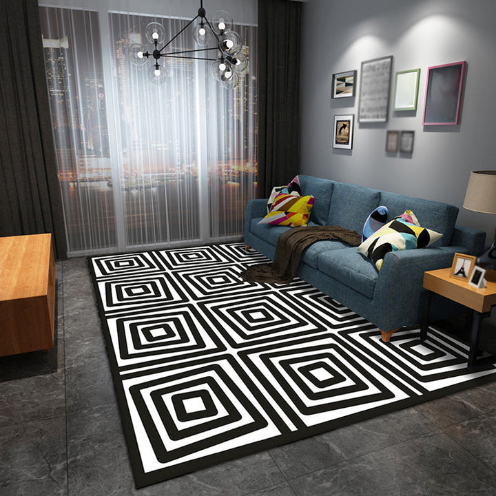 Stylish black modernist rug polyester geometric and striped pattern rug washable pet-friendly non-slip rug for the living room | Bowlift