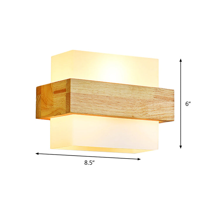 BowLift | Cube Wall Mount Light Fixture Minimalism Opal Glass 1 Main Color Beige Surface Wall Lamp with Wooden Detail