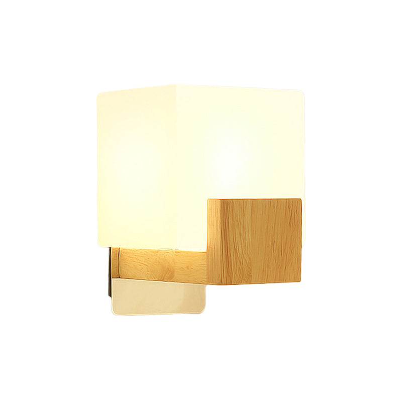 BowLift | Cube Wall Mount Light Fixture Minimalism Opal Glass 1 Main Color Beige Surface Wall Lamp with Wooden Detail