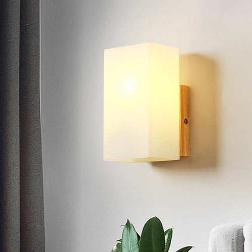 BowLift | Cube Wall Mount Light Fixture Minimalism Opal Glass 1 Main Color Beige Surface Wall Lamp with Wooden Detail