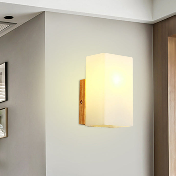 BowLift | Cube Wall Mount Light Fixture Minimalism Opal Glass 1 Main Color Beige Surface Wall Lamp with Wooden Detail