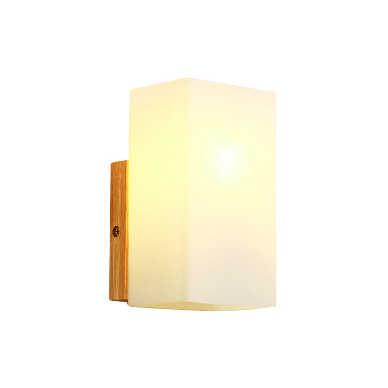 BowLift | Cube Wall Mount Light Fixture Minimalism Opal Glass 1 Main Color Beige Surface Wall Lamp with Wooden Detail